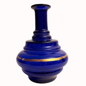 Cobalt Blue Glass Vase Flared Rim Gold Accents Victorian Era Handblown Collectib
